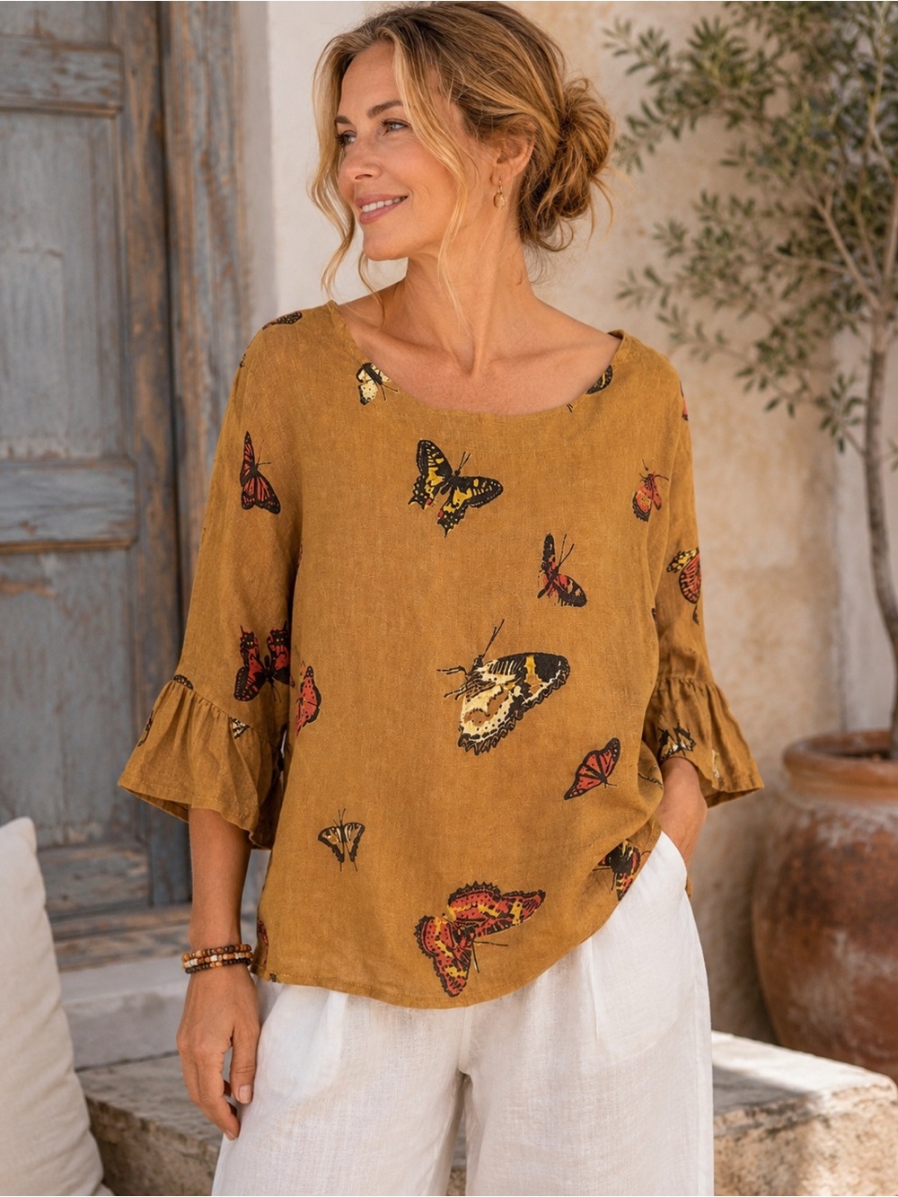 Viola Borghi Italian Linen Butterfly Print Tunic Top Boho Cottagecore Size S
